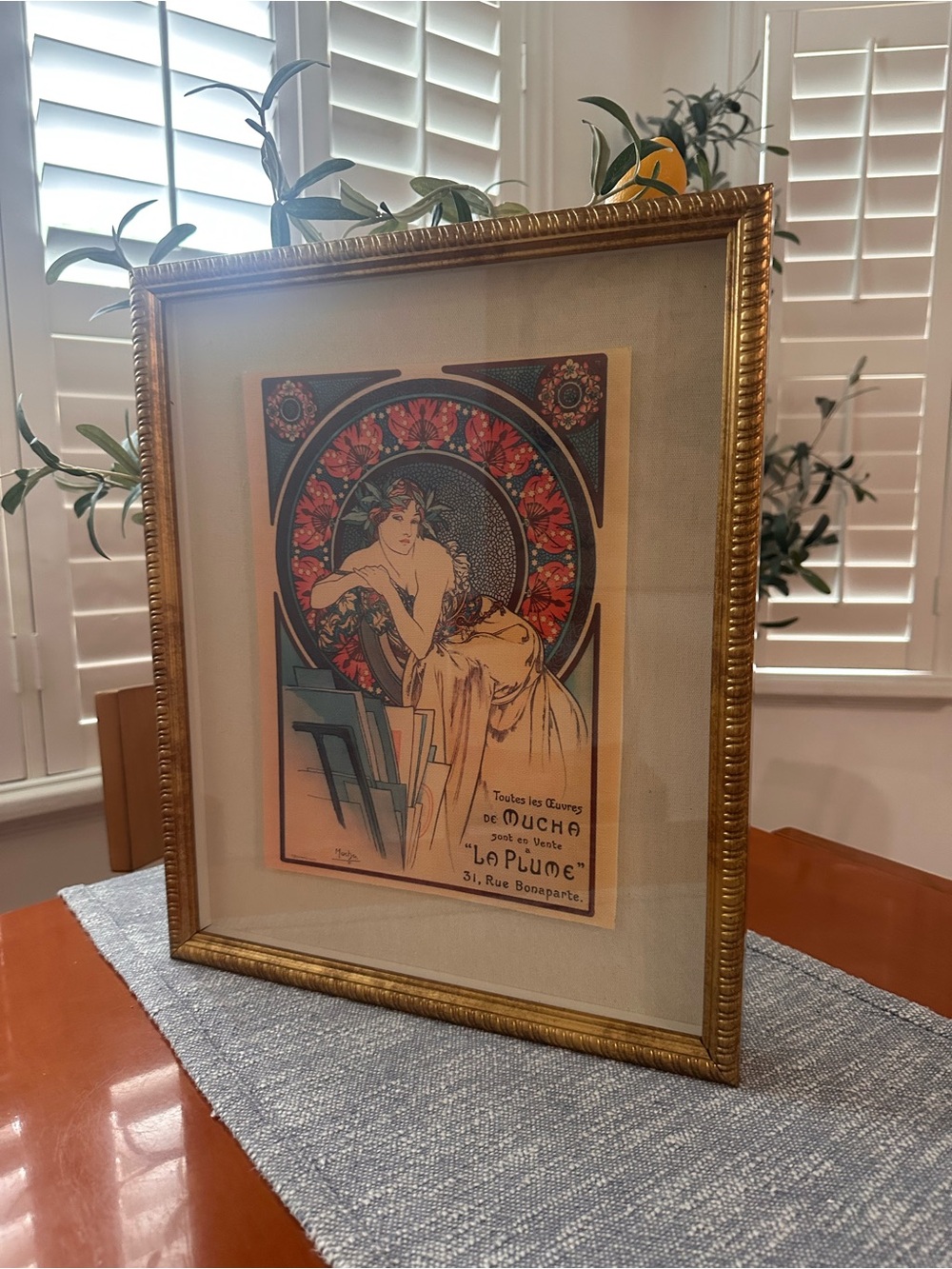 17x14 Art Nouveau Print “La Plume” by Alphonse Mucha in Gold Frame